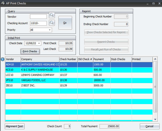 Accounts Payable Print Checks screen